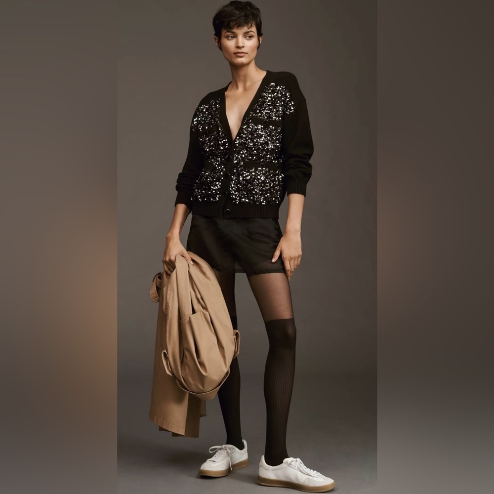 Anthropologie Sequin Cardigan NWT Black Silver Button Front Party Sweater Small